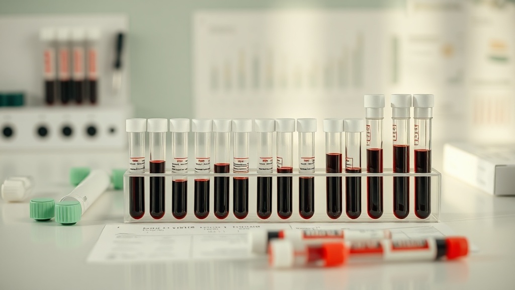 Série de tubes à essai de sang alignés dans un rack de laboratoire pour une analyse de biomarqueurs