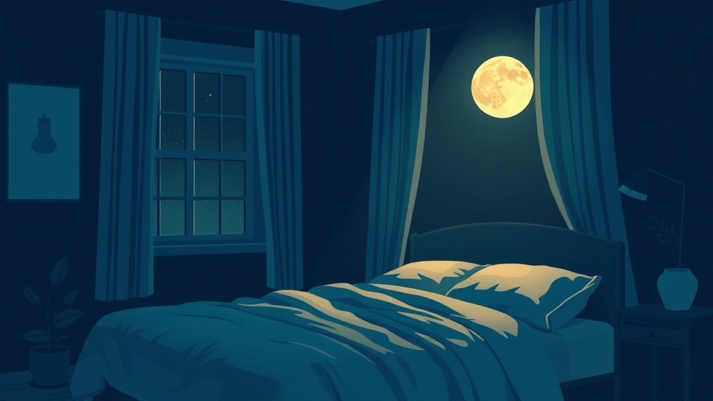 Illustration d'une chambre à coucher de nuit avec pleine lune visible par la fenêtre, ambiance propice au sommeil
