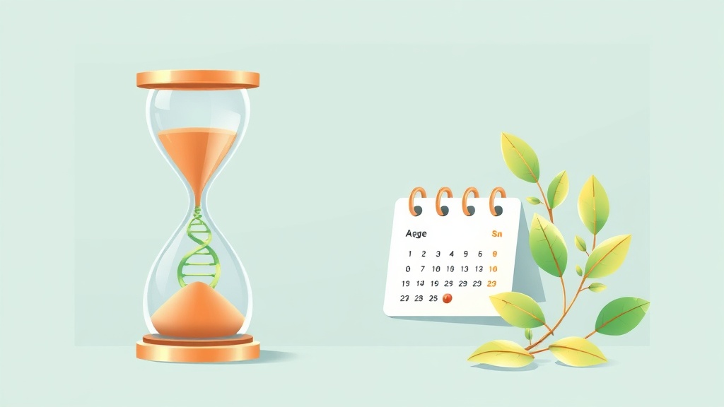 Illustration d'un sablier avec un brin d'ADN et un calendrier, symbole de l'âge biologique