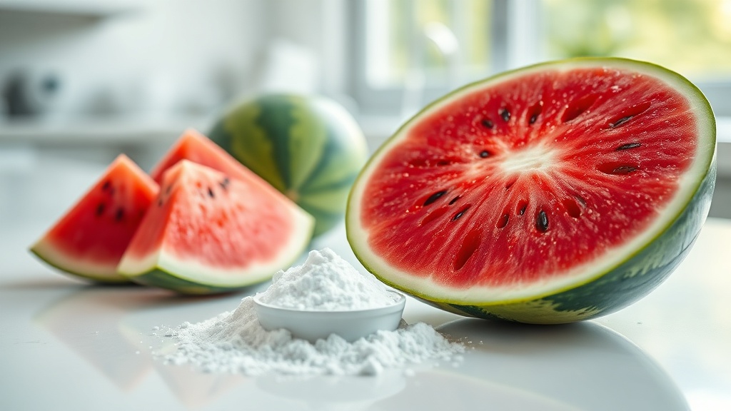 Pastèque tranchée avec des graines noires apparentes, à côté d'un bol de citrulline en poudre