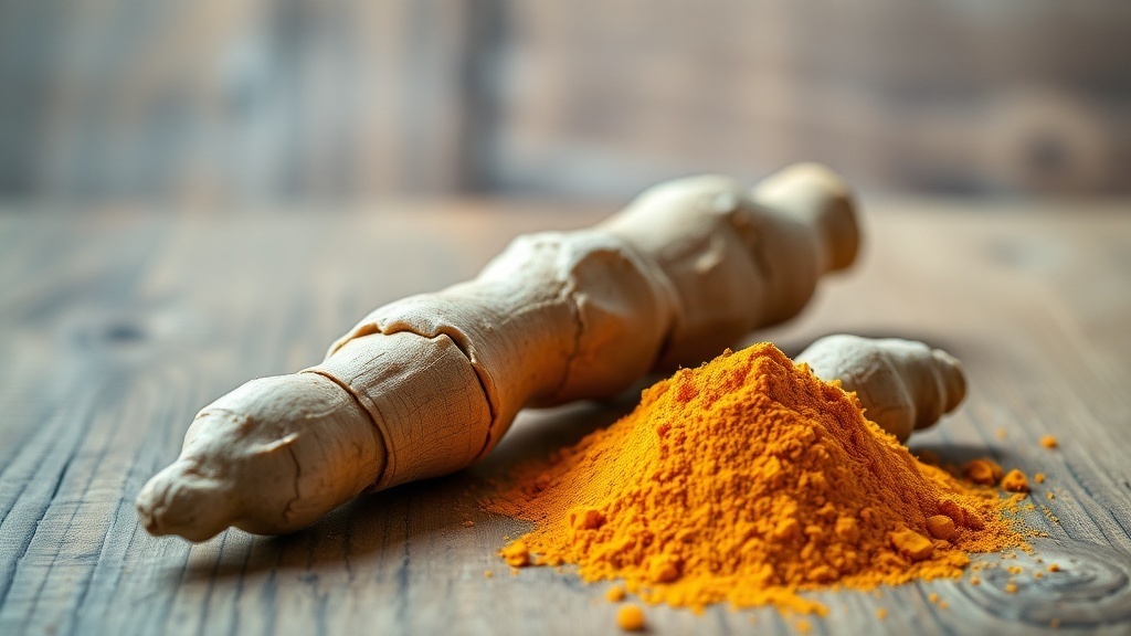 curcumine en poudre et rhizome de curcuma frais