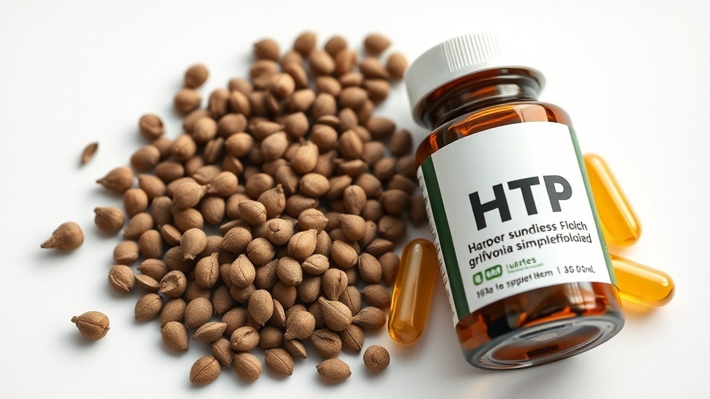Graines de griffonia et gélules de 5-HTP sur fond naturel