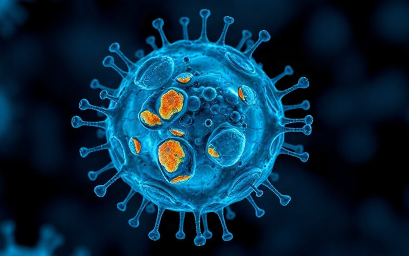 Vue microscopique stylisée d'une cellule en autophagie, vésicules oranges en dégradation
