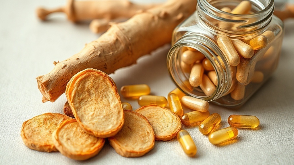 Racine de ginseng et gélules de complément alimentaire
