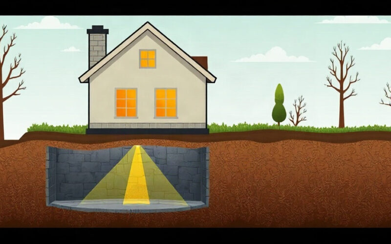 Illustration en coupe d'une maison avec infiltration de gaz radon depuis le sous-sol