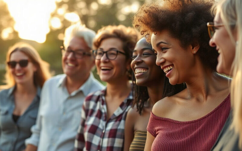 Groupe de personnes riant ensemble en extérieur, illustration des effets du rire sur le stress et l'immunité