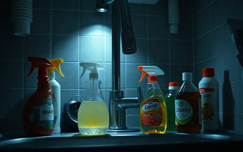 Produits ménagers et flacons de nettoyants sur un évier de cuisine, illustrant les perturbateurs endocriniens domestiques