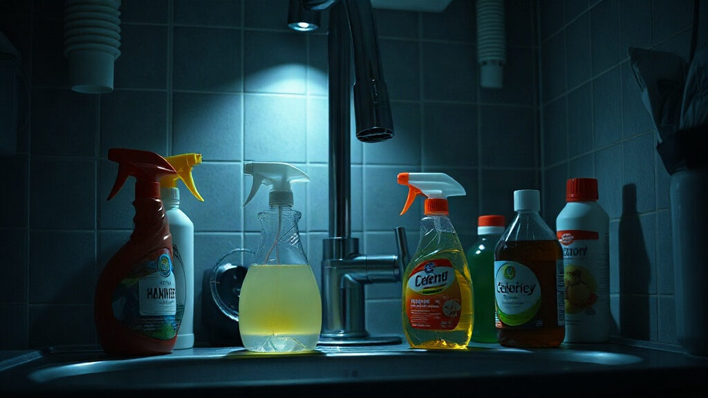 Produits ménagers et flacons de nettoyants sur un évier de cuisine, illustrant les perturbateurs endocriniens domestiques
