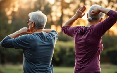 Couple senior de dos en train de s'étirer le dos et les épaules en extérieur, illustration de la posture voûtée après 50 ans