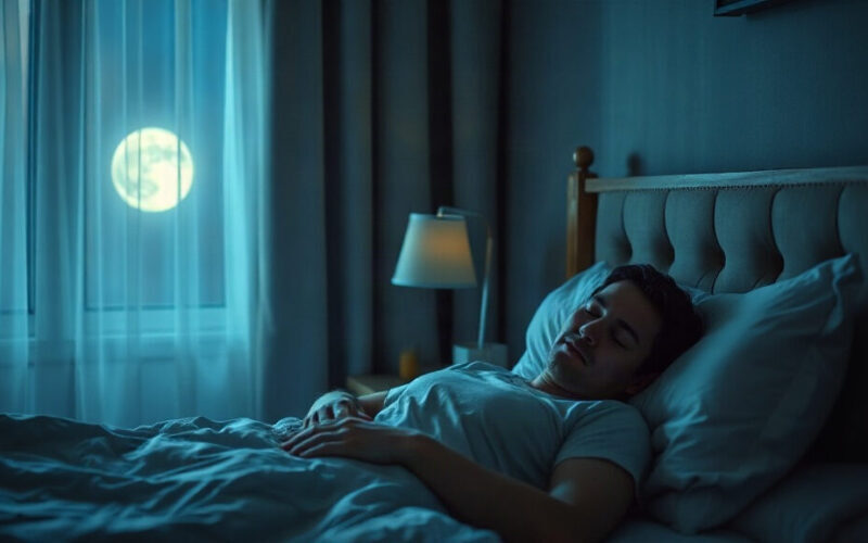 Homme endormi profondément dans son lit la nuit, pleine lune visible à la fenêtre