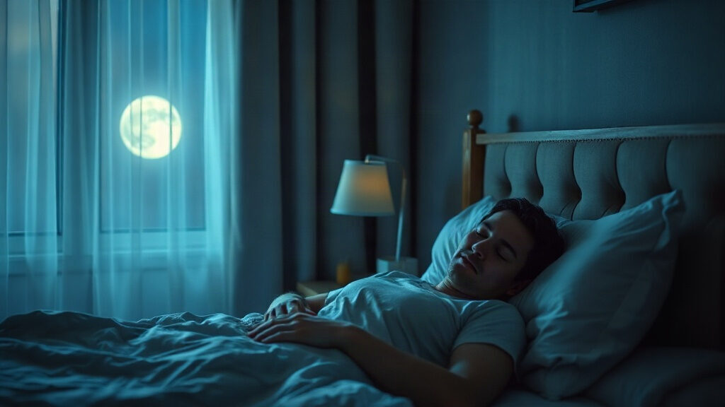 Homme endormi profondément dans son lit la nuit, pleine lune visible à la fenêtre