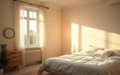 Chambre baignée de lumière du matin avec lit défait, illustration de l'horloge circadienne et de l'exposition à la lumière naturelle