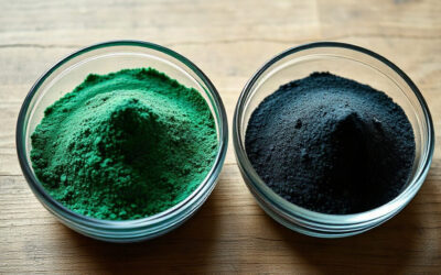 Poudre de spiruline bleu-vert et poudre de chlorella présentées côte à côte dans des bols