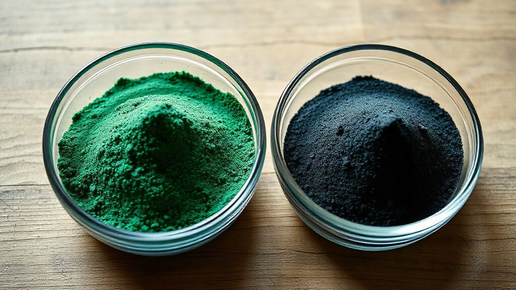 Poudre de spiruline bleu-vert et poudre de chlorella présentées côte à côte dans des bols