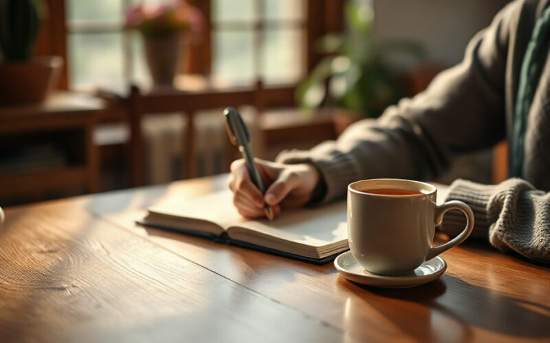 Personne écrivant dans un carnet de gratitude à côté d'une tasse de thé