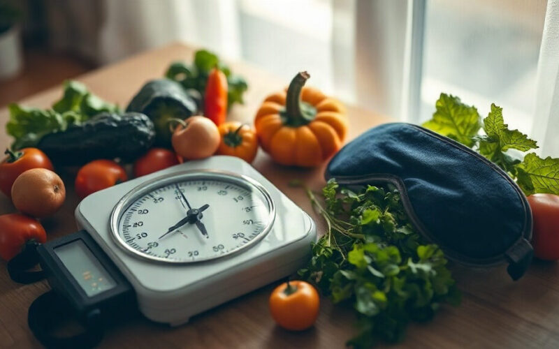 Pèse-personne entouré de légumes frais et d'un masque de sommeil, symboles de l'effet yoyo