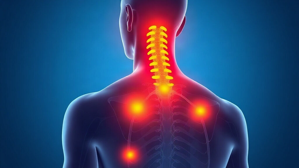 Illustration anatomique en 3D d'une silhouette humaine vue de dos, avec des zones chaudes rouge et jaune activées au niveau du cou et des épaules, représentant la graisse brune