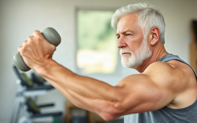Homme senior aux cheveux gris soulevant un haltère, bras tendu et musclé