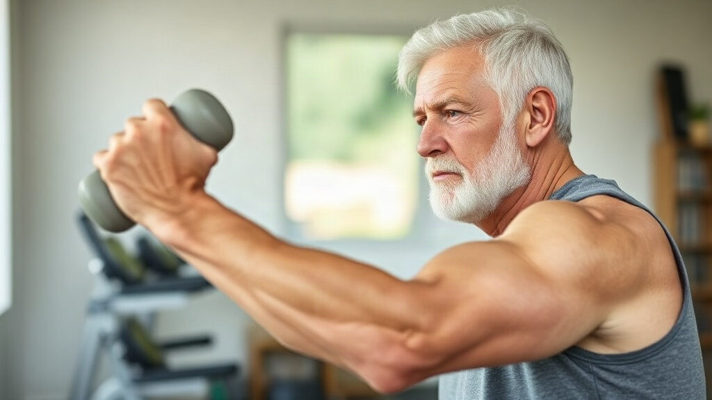 Homme senior aux cheveux gris soulevant un haltère, bras tendu et musclé