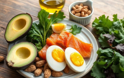 Assiette de petit-déjeuner cétogène : avocat, saumon fumé, œufs durs et noix