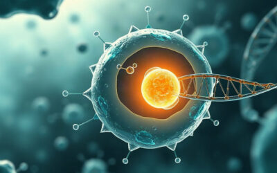 Illustration 3D d'une cellule et de son noyau reliés à un brin d'ADN, symbolisant l'action antioxydante du glutathion au niveau cellulaire