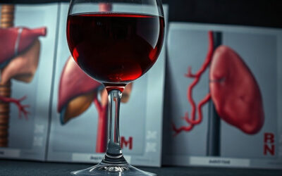Verre de vin rouge devant des illustrations anatomiques du foie et des artères, symbole des effets de l'alcool sur ces organes