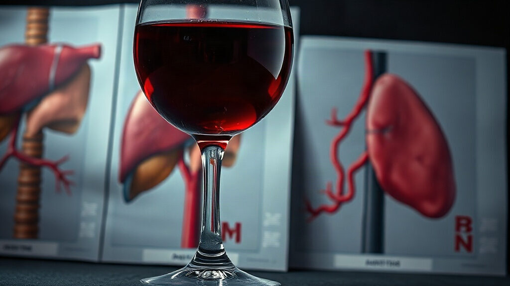 Verre de vin rouge devant des illustrations anatomiques du foie et des artères, symbole des effets de l'alcool sur ces organes