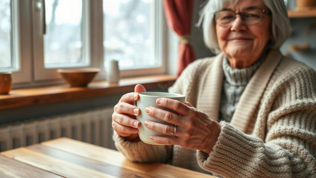 toujours froid après 60 ans : femme âgée qui se réchauffe les mains autour d'une tasse de thé près d'un radiateur