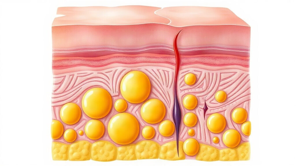 cellulite : coupe de peau montrant les cloisons fibreuses et les lobules de graisse sous le derme