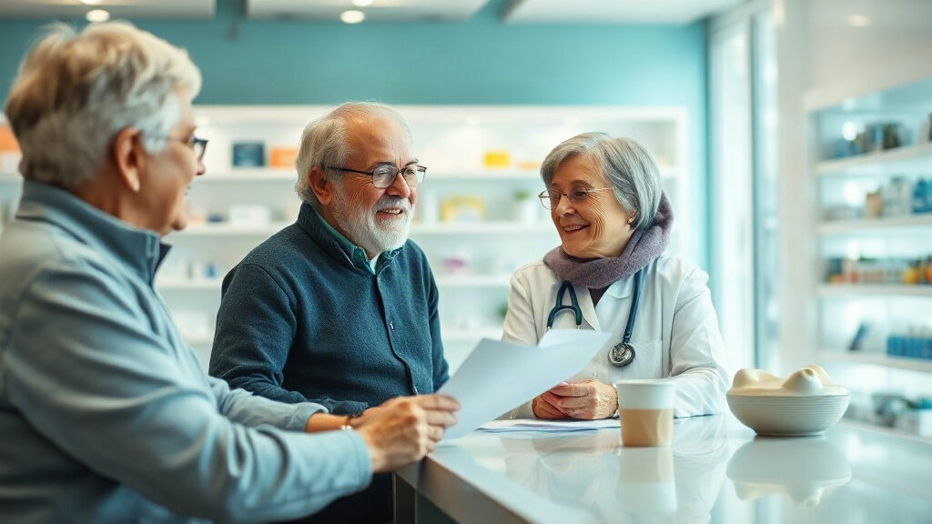 Zona : couple de seniors faisant le point sur la vaccination avec une pharmacienne