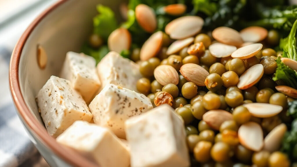 Assiette végétarienne riche en calcium : tofu, légumineuses, chou kale et amandes