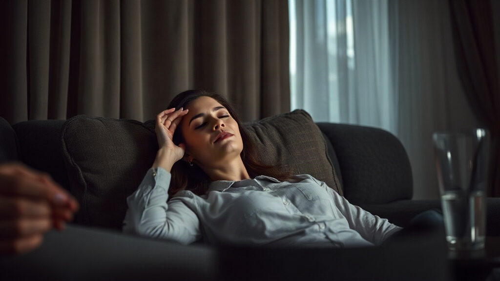 migraine : femme dans une pièce assombrie, la main sur la tempe, pendant une crise