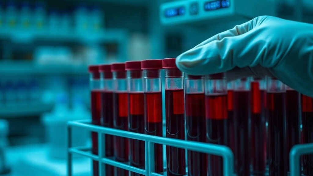 anémie : tubes de prise de sang et résultats d'hémoglobine au laboratoire