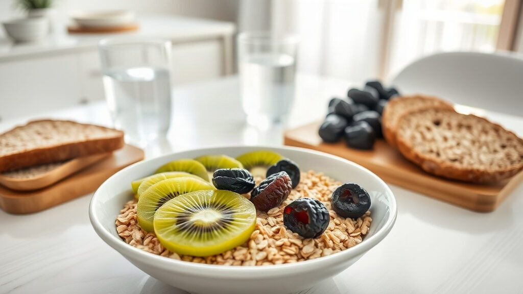 constipation après 60 ans : petit-déjeuner riche en fibres avec kiwi, pruneaux et verre d'eau