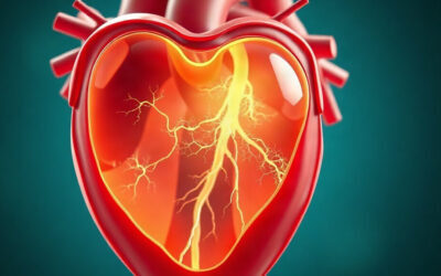 Cœur stylisé avec dépôts lumineux dans le muscle cardiaque, illustration de l'amylose cardiaque