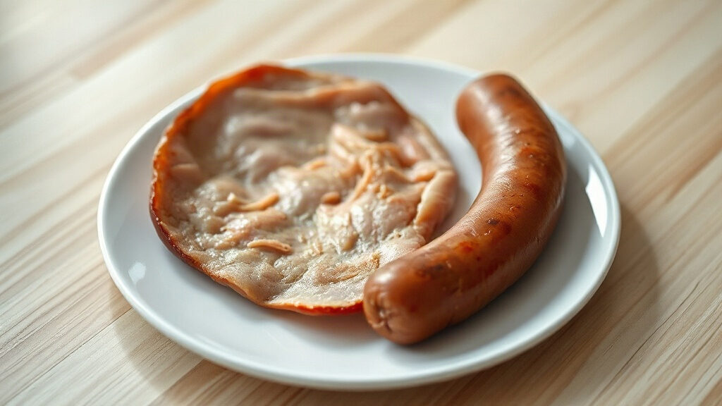 viande transformée : une tranche épaisse de jambon et une saucisse, soit environ 50 g